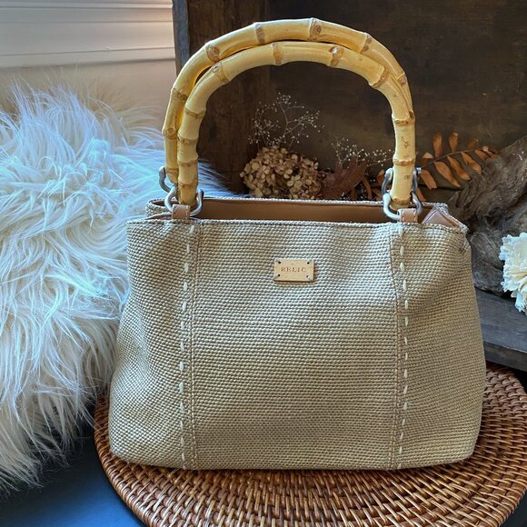 Relic Bamboo Handled Canvas Satchel Purse - Spring, Summer, Tropical Boho Chic - Picture 1 of 8